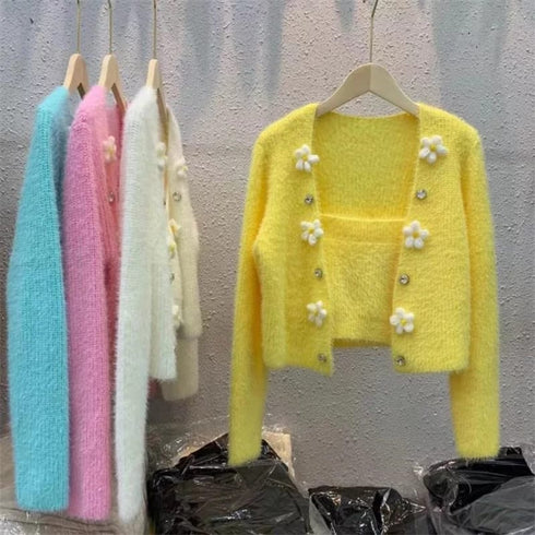 Beaded Flower Mink Fleece Two Piece Cardigan Sweater With Tank Top
